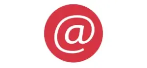Rood pictogram met een wit apenstaart‑symbool (@), gebruikt als grafisch element voor contactinformatie.