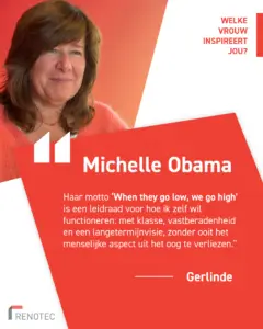 Grafische Renotec‑visual voor Internationale Vrouwendag 2025 met een rood tekstvlak met citaat over inspiratie van Michelle Obama. Links staat een vrouw in een oranje trui tegen een lichtgekleurde achtergrond