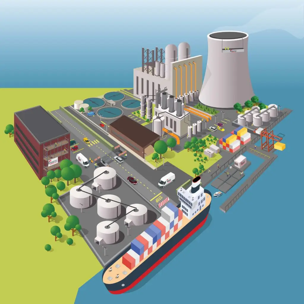 Illustratie van een industriële omgeving met productiegebouwen, opslagtanks en infrastructuur waar Renotec industriële renovatiewerken kan uitvoeren.
